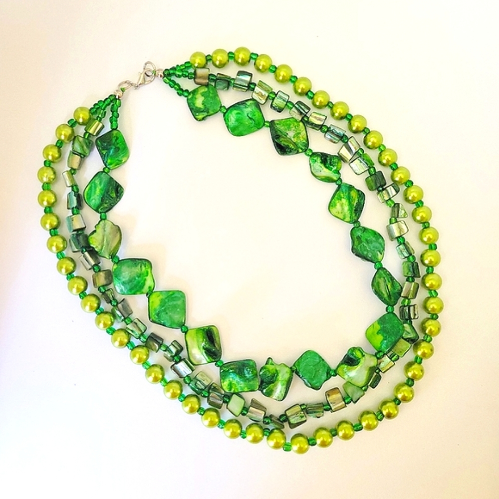 Multi-Strand Green Resin Beads,Shell Beads & Faux Glass Pearl Chunky Necklace